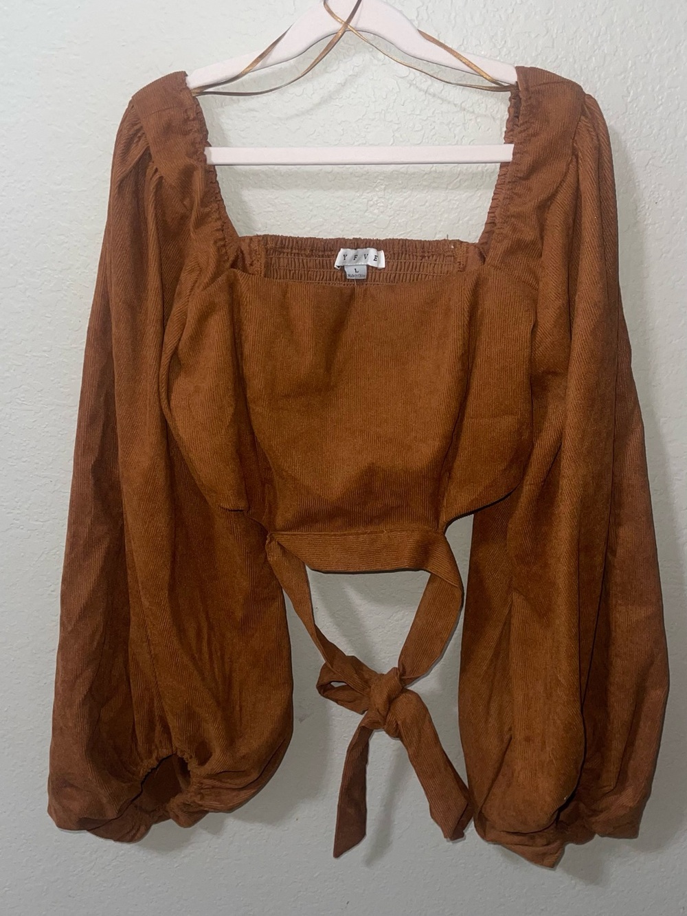 HYVE Square Neck Tie-Front Peasant Blouse - Brown